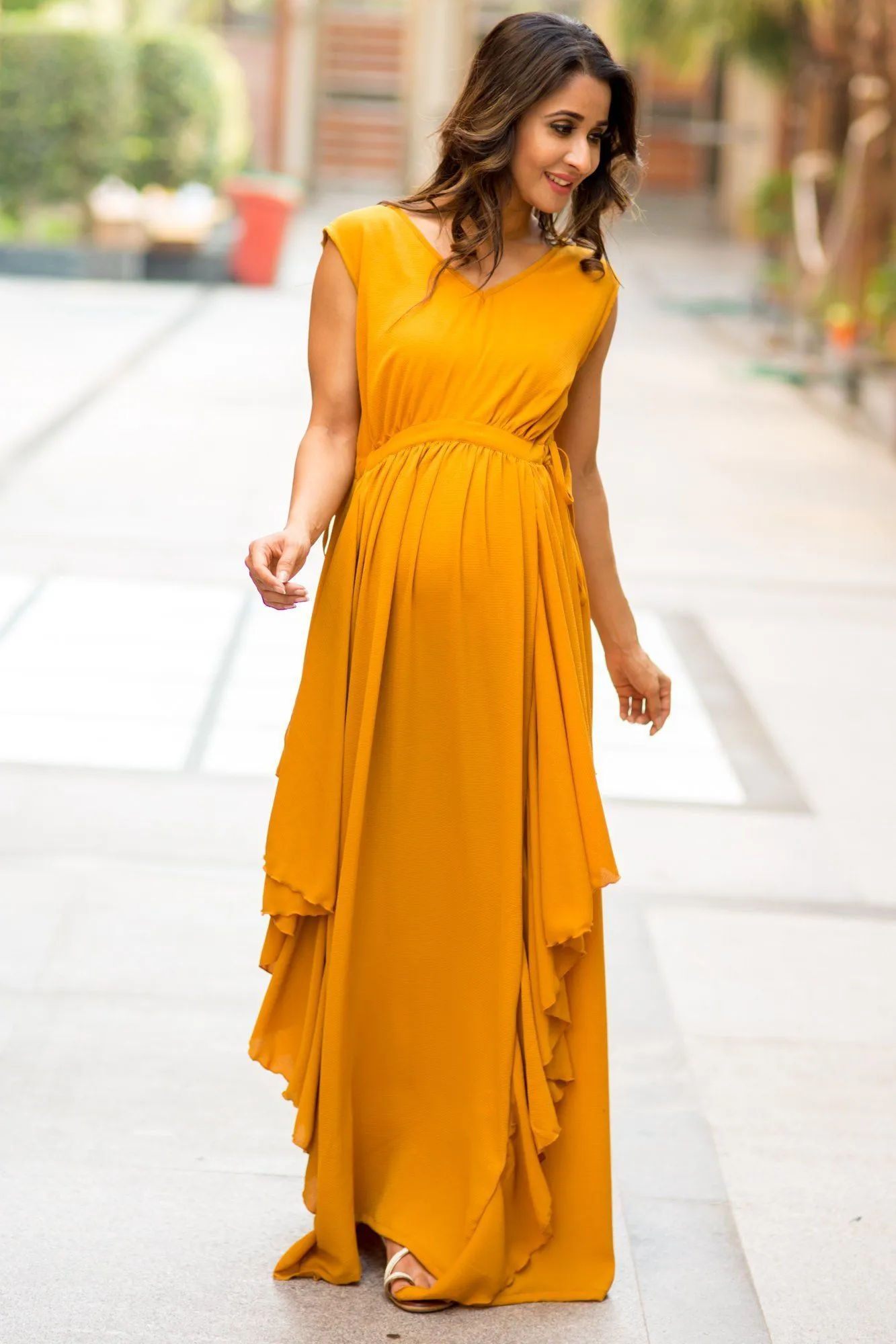 Luxe Mustard Yellow Moss Crepe Maternity Dress