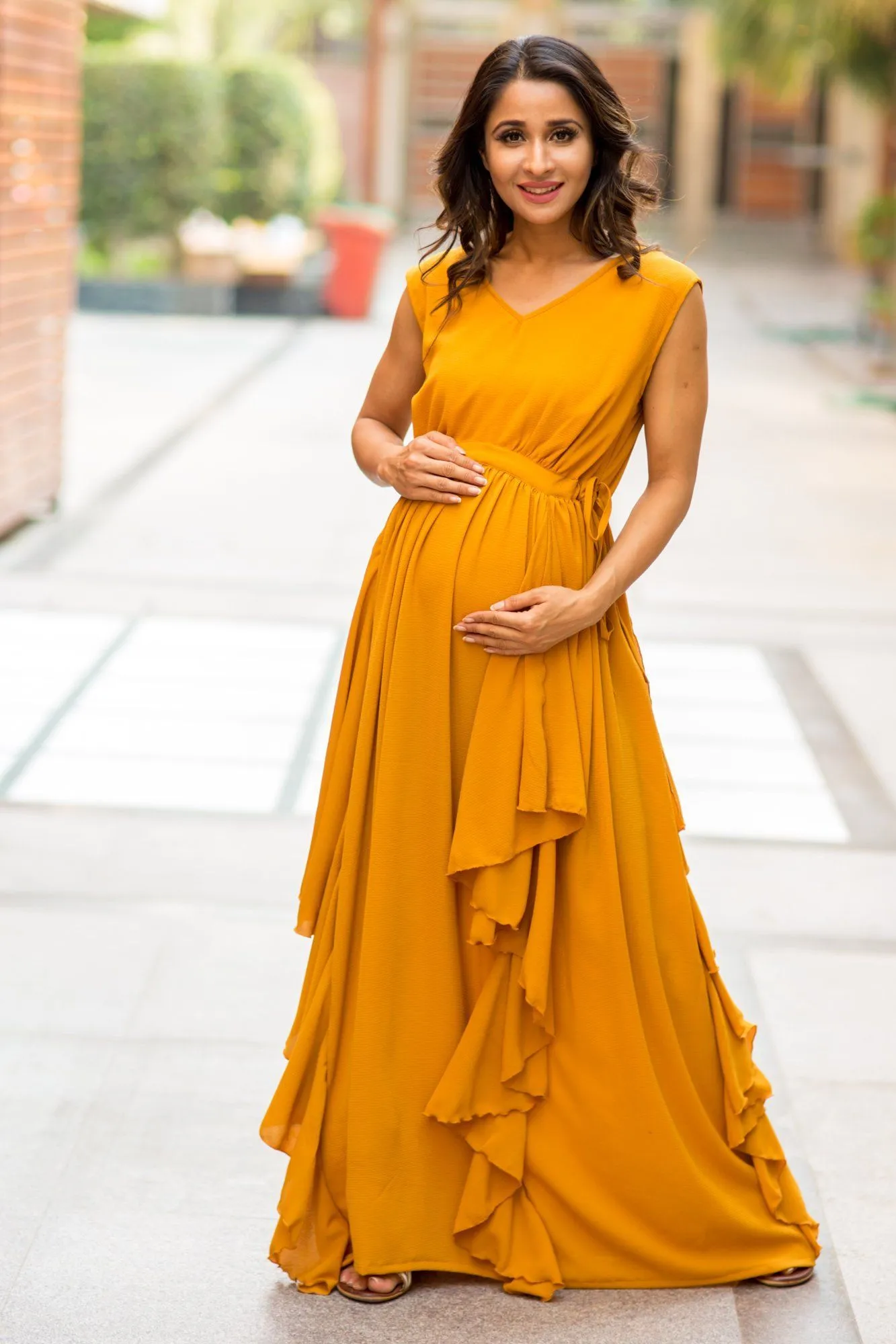 Luxe Mustard Yellow Moss Crepe Maternity Dress