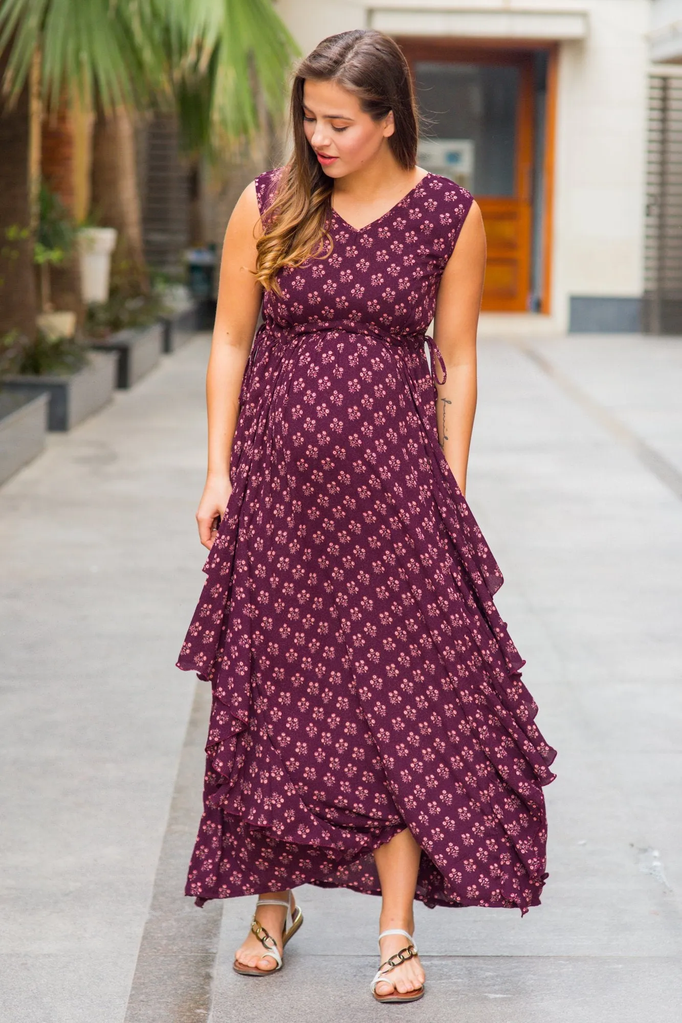 Luxe Plum Pattern Maternity Flow Dress