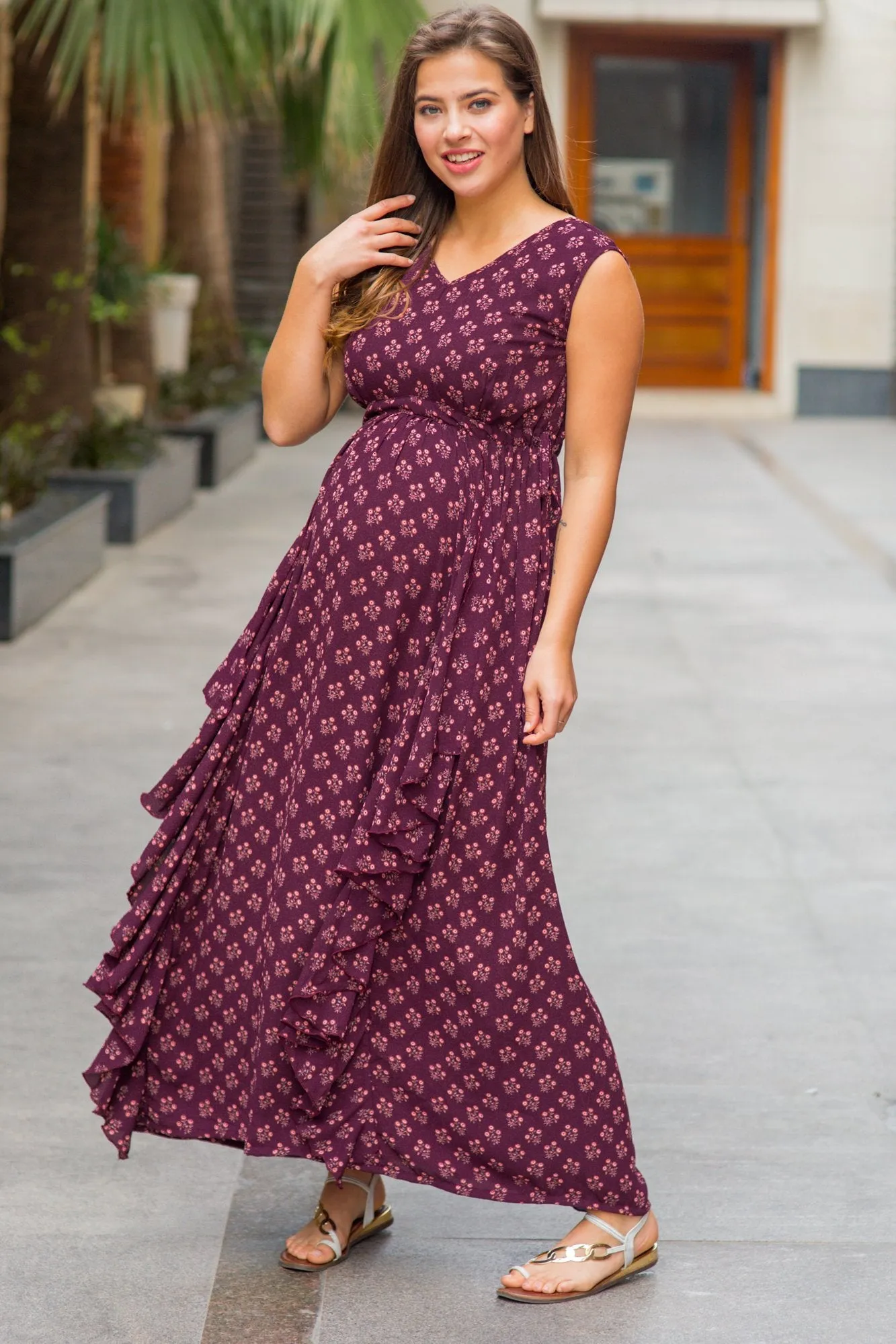 Luxe Plum Pattern Maternity Flow Dress