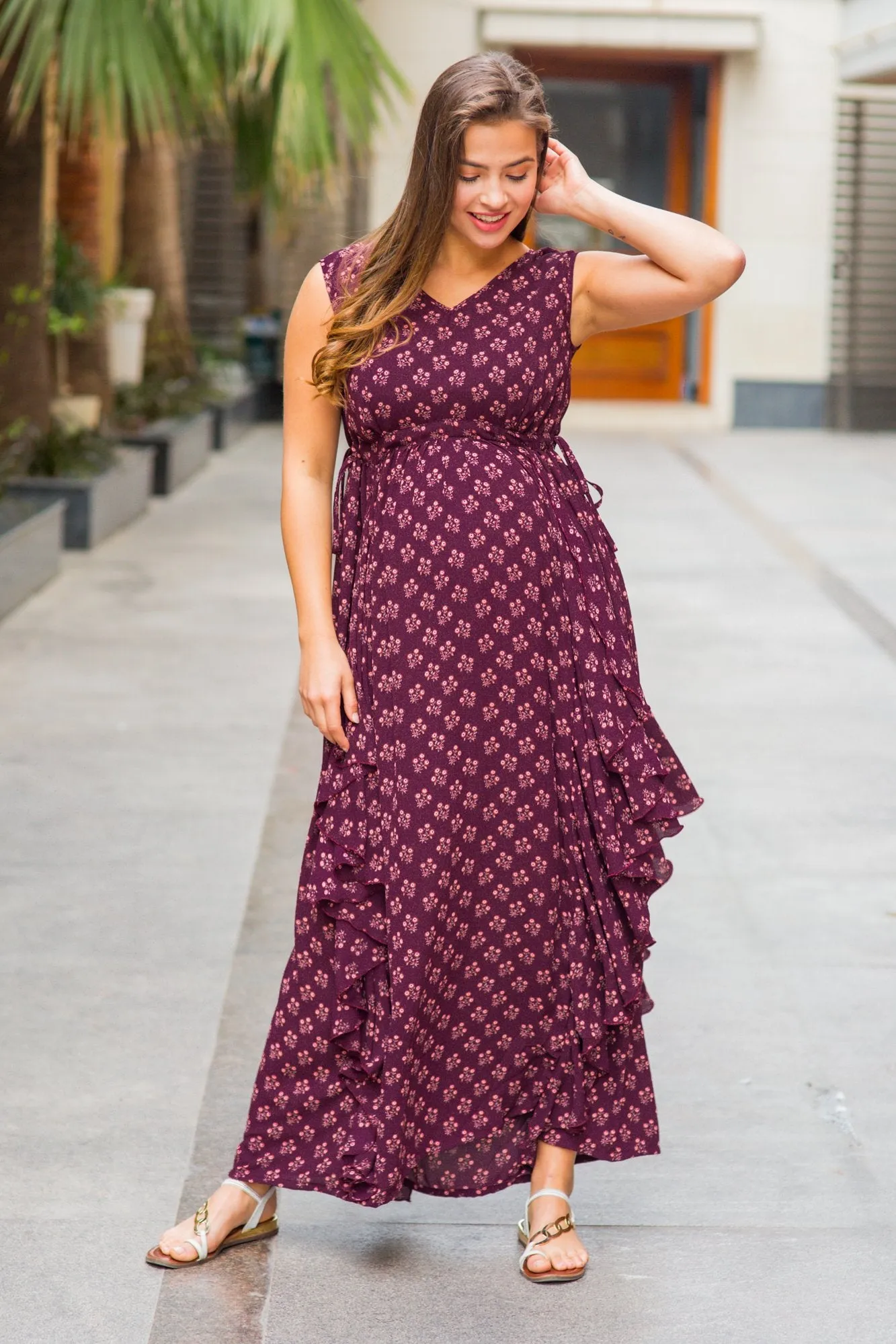 Luxe Plum Pattern Maternity Flow Dress