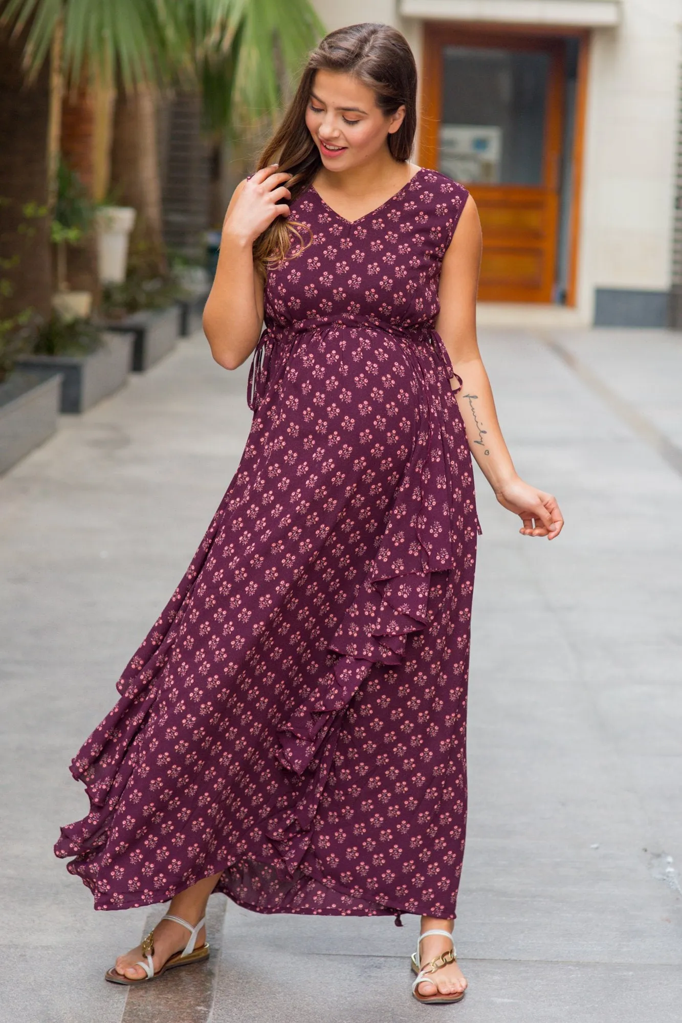 Luxe Plum Pattern Maternity Flow Dress