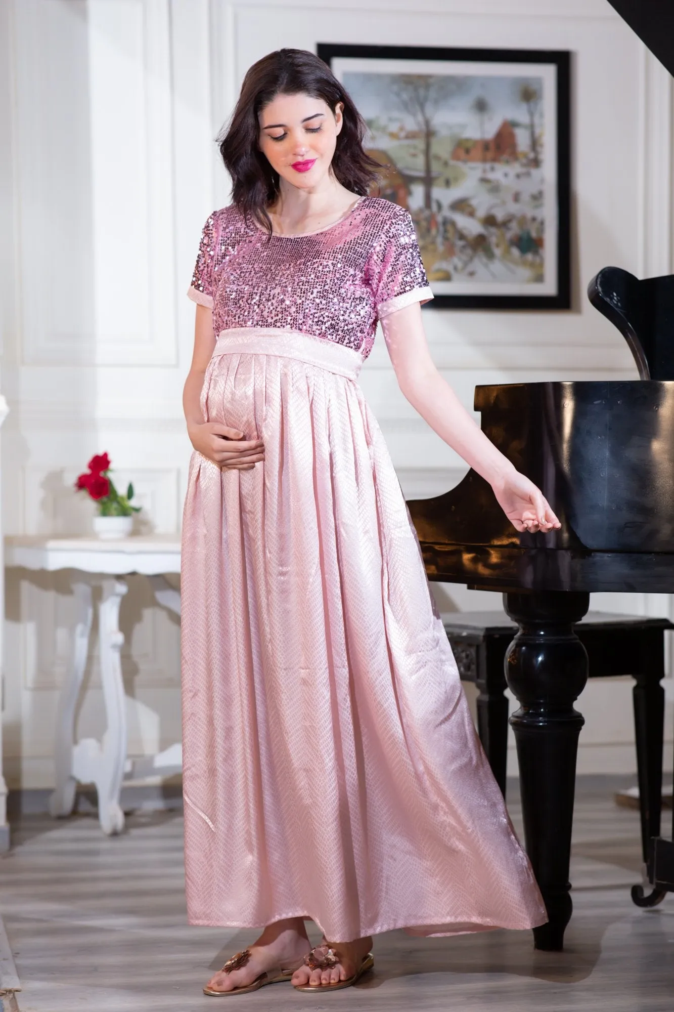 Luxe Rose Gold Sequin Maternity Dress