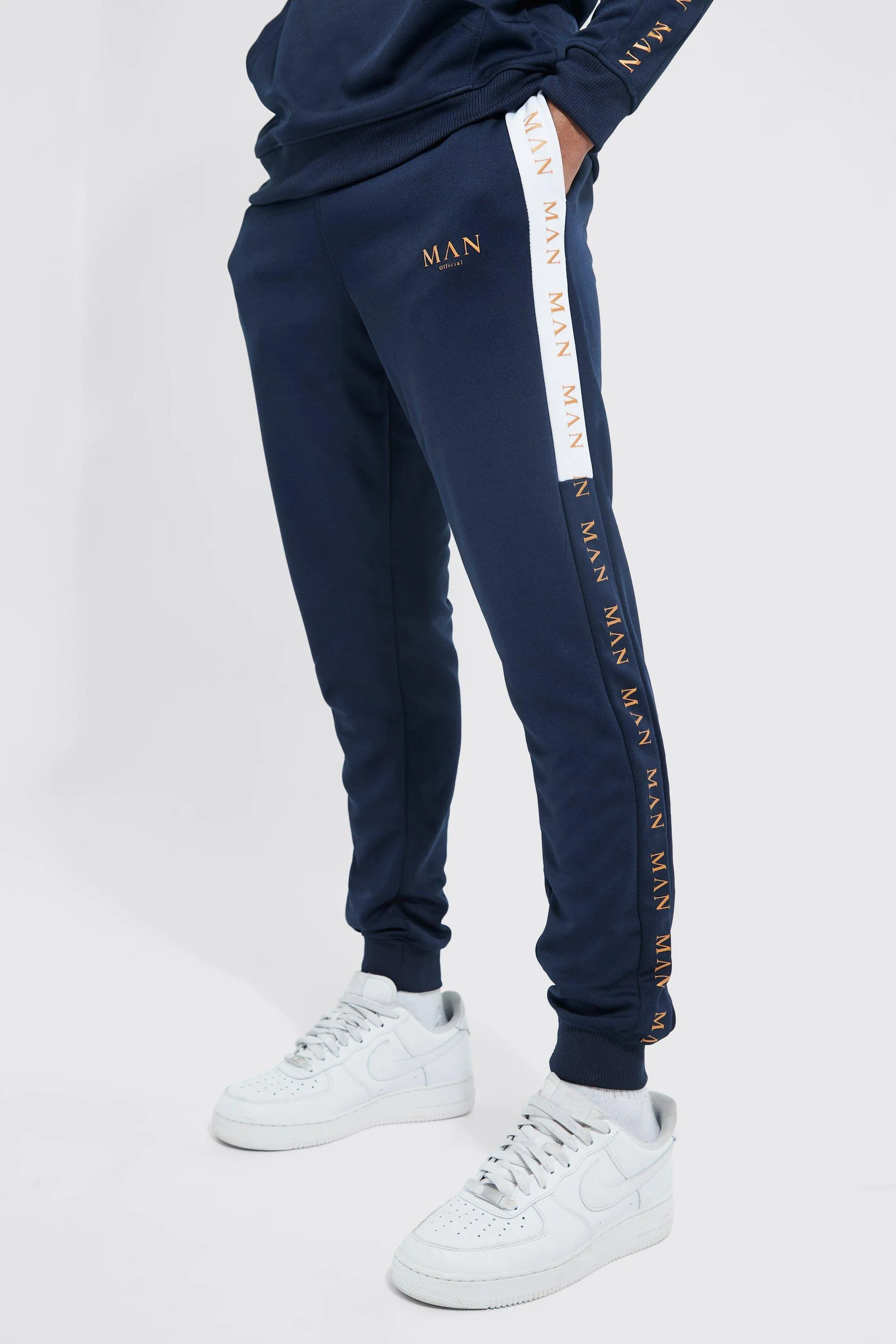 Man Gold Skinny Side Panel Tricot Joggers | boohooMAN UK