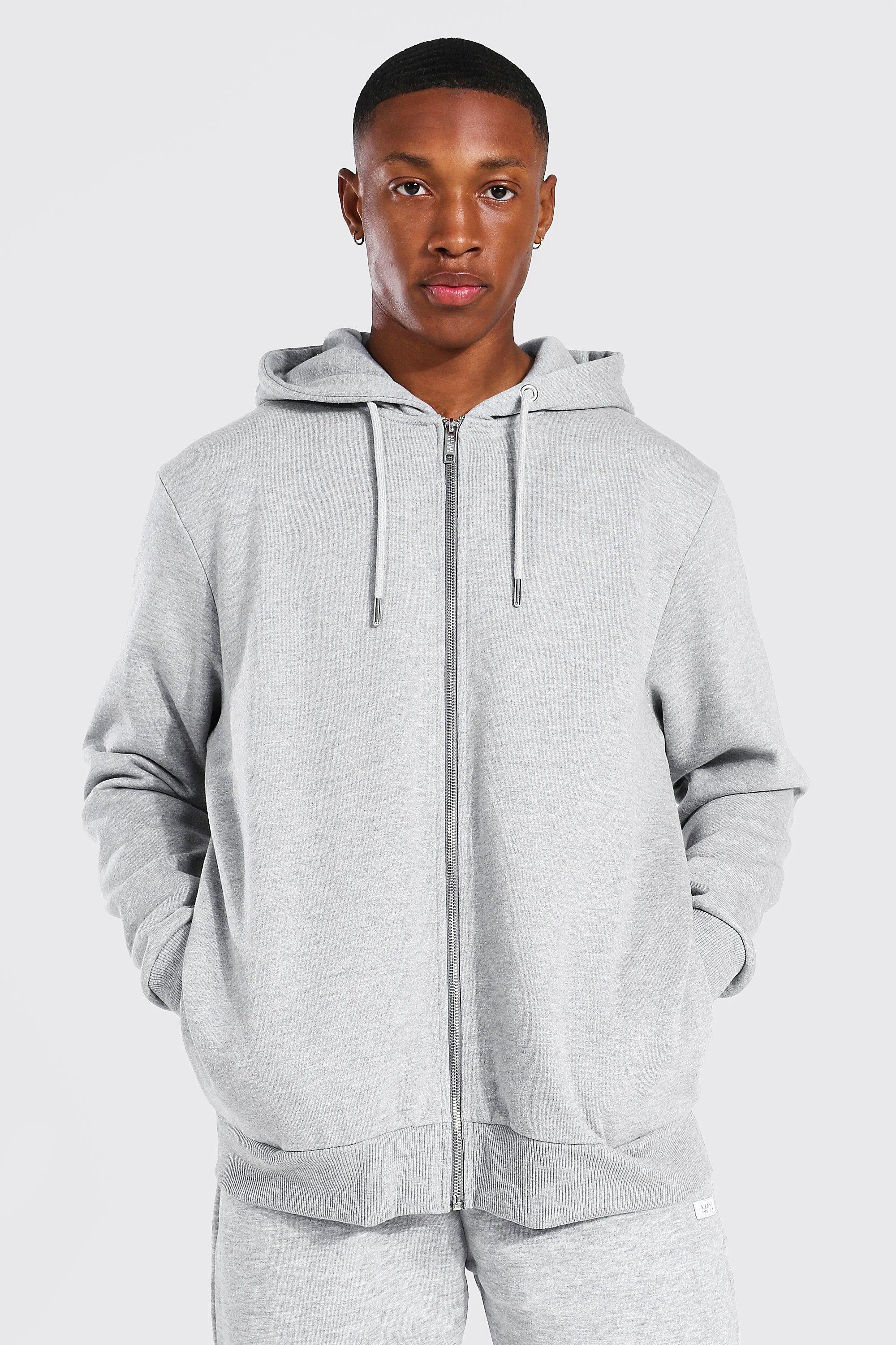 Man Woven Tab Zip Through Hoodie | boohooMAN UK