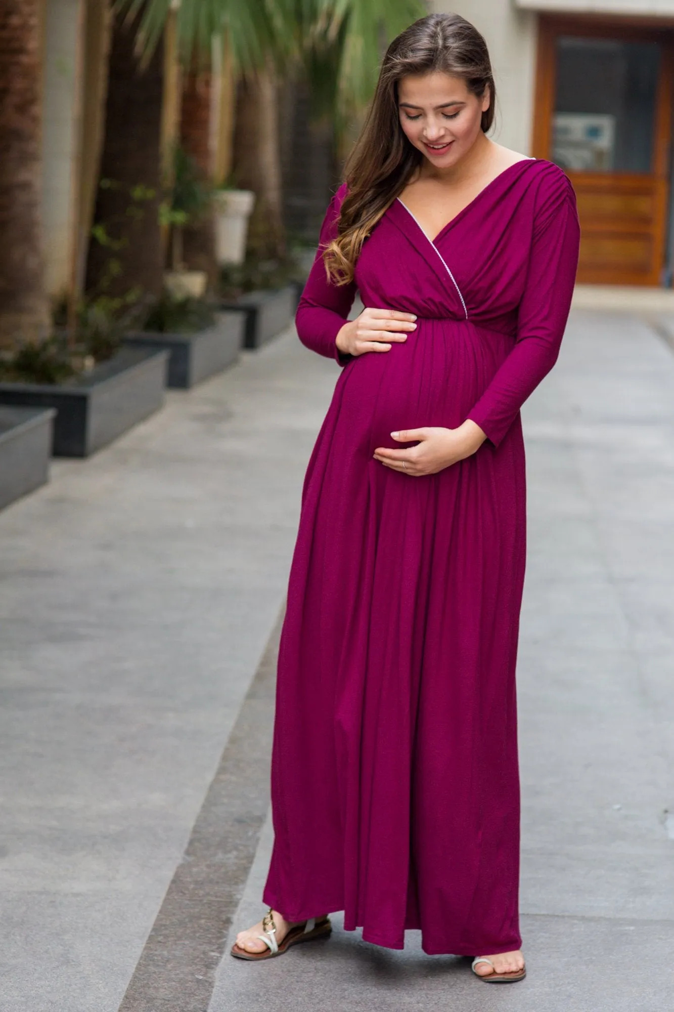 Maroon Berry Ruched Maternity & Nursing Maxi