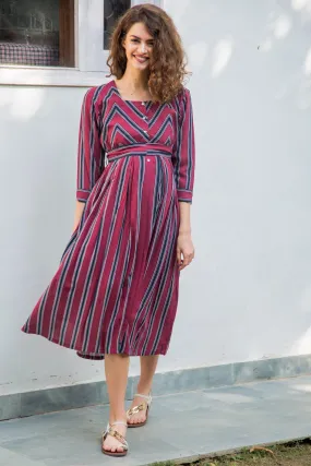 Maroon Striped Pocket Maternity & Nursing Dress