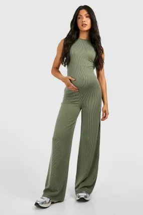 Maternity Acid Wash Ribbed Racer Neck Jumpsuit