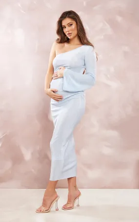 Maternity Blue One Shoulder Plisse Midaxi Dress