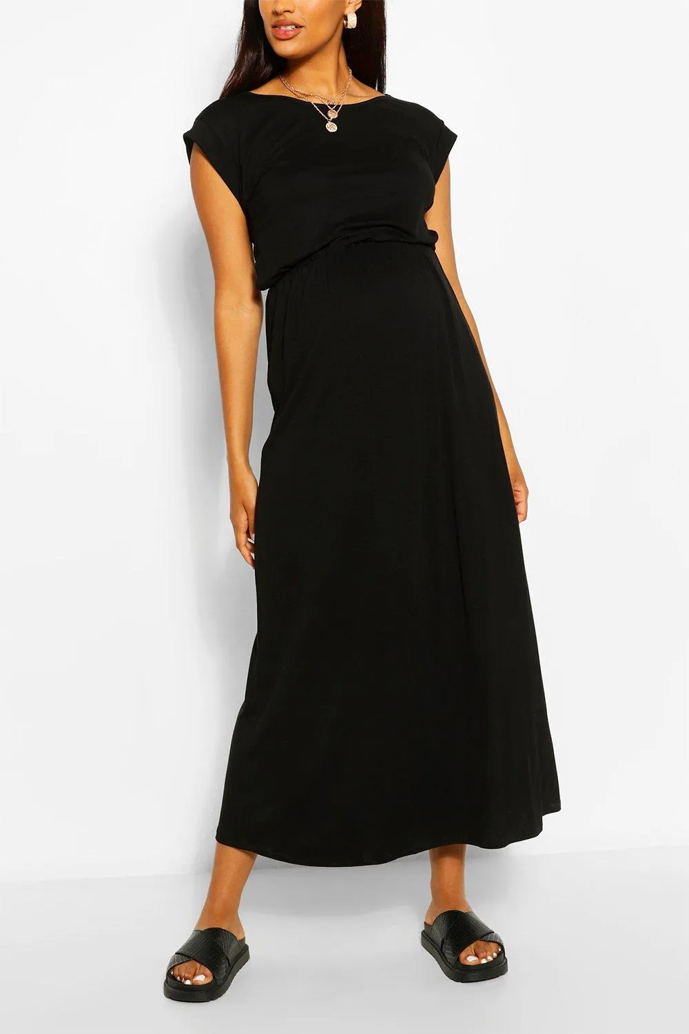 Maternity Cap Sleeve Shirred Waist Maxi Dress