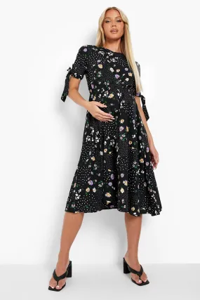 Maternity Floral Tie Sleeve Midi Shift Dress