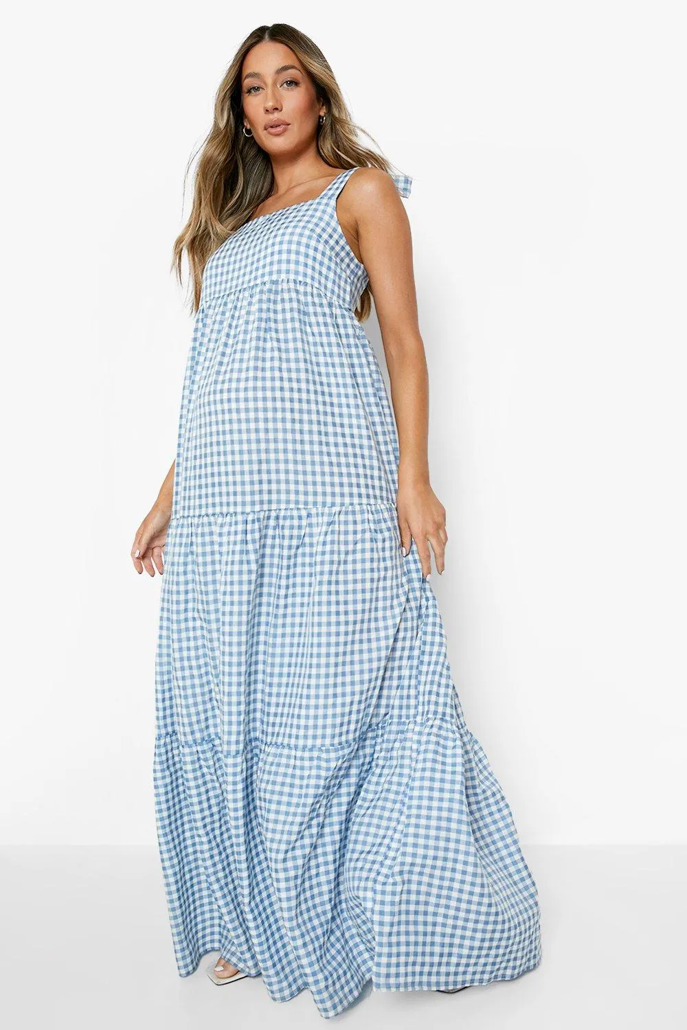 Maternity Gingham Tie Tier Midaxi Dress