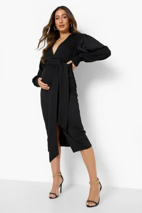 Maternity Plunge Tie Waist Midi Dress