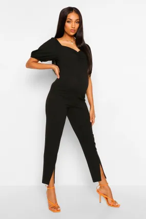 Maternity Puff Sleeve Split Leg Jumpsuit