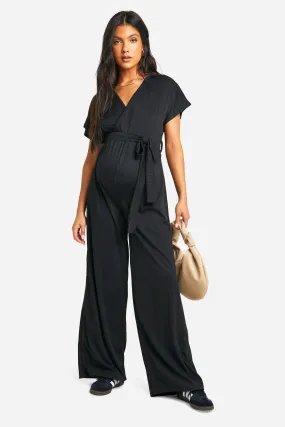 Maternity Ribbed Wrap Wide Leg Belted Jumpsuit