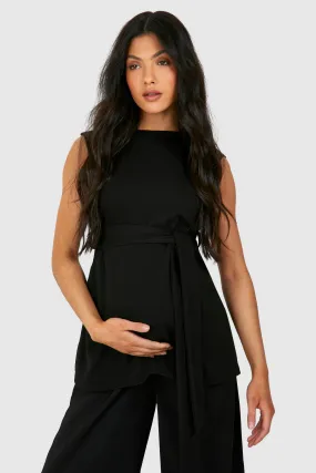 Maternity Sleeveless Belted Crepe Top