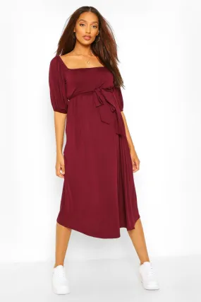 Maternity Tie Waist Puff Sleeve Midi Dress