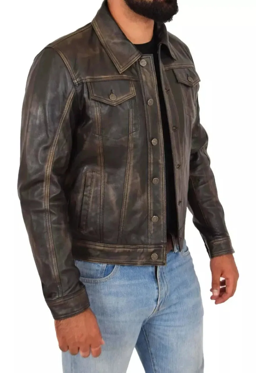 Mens Brown Leather Trucker Jacket  | Genuine Nappa Sheepskin