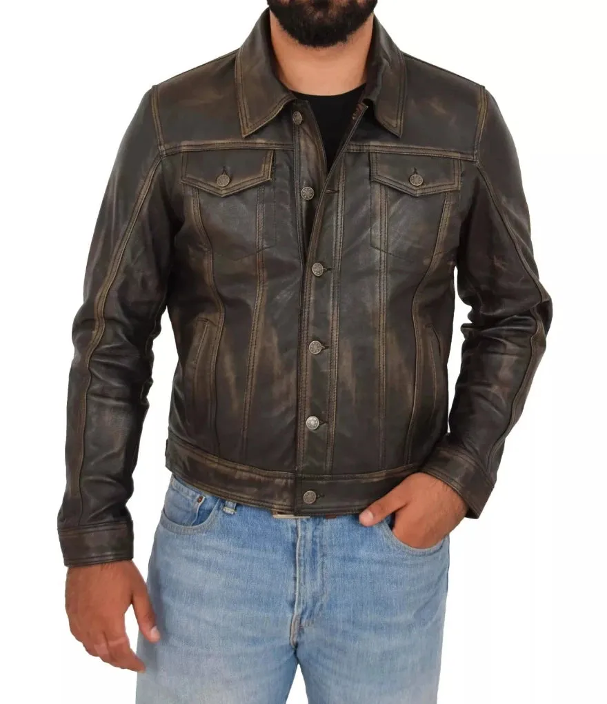 Mens Brown Leather Trucker Jacket  | Genuine Nappa Sheepskin