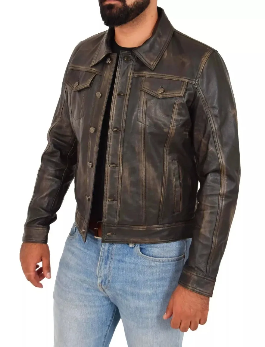 Mens Brown Leather Trucker Jacket  | Genuine Nappa Sheepskin