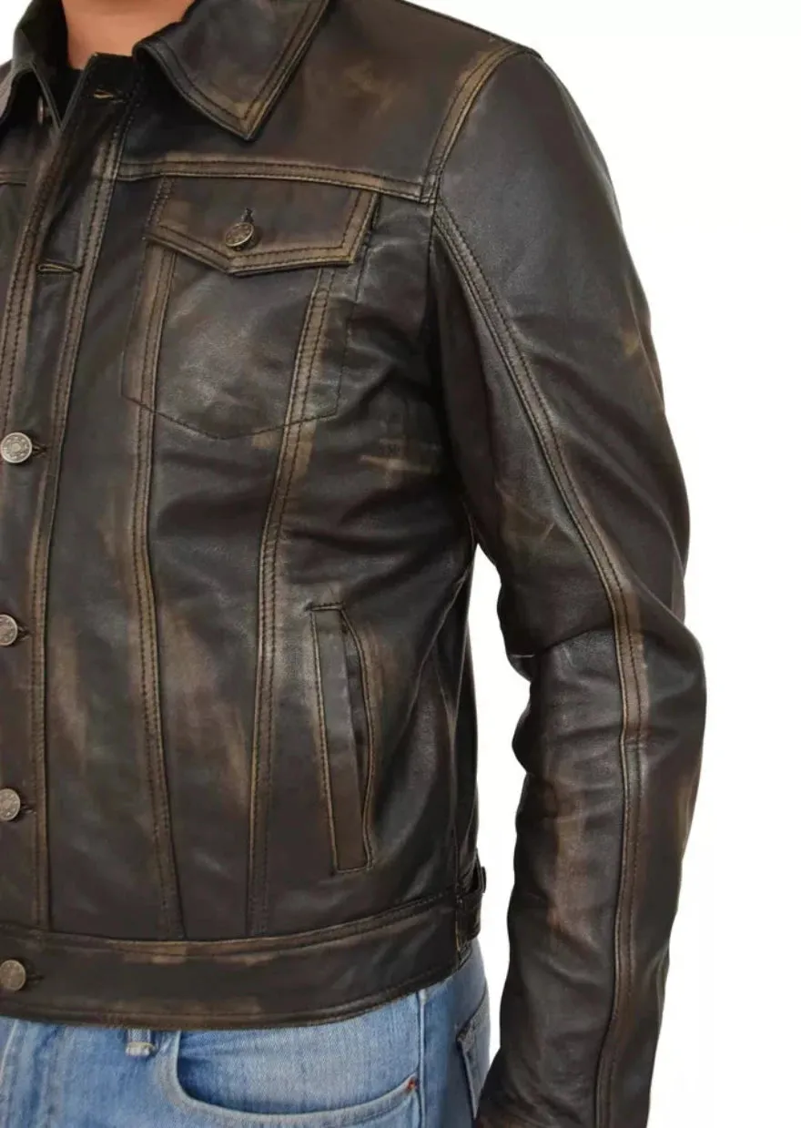 Mens Brown Leather Trucker Jacket  | Genuine Nappa Sheepskin