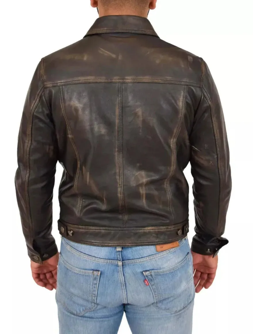 Mens Brown Leather Trucker Jacket  | Genuine Nappa Sheepskin