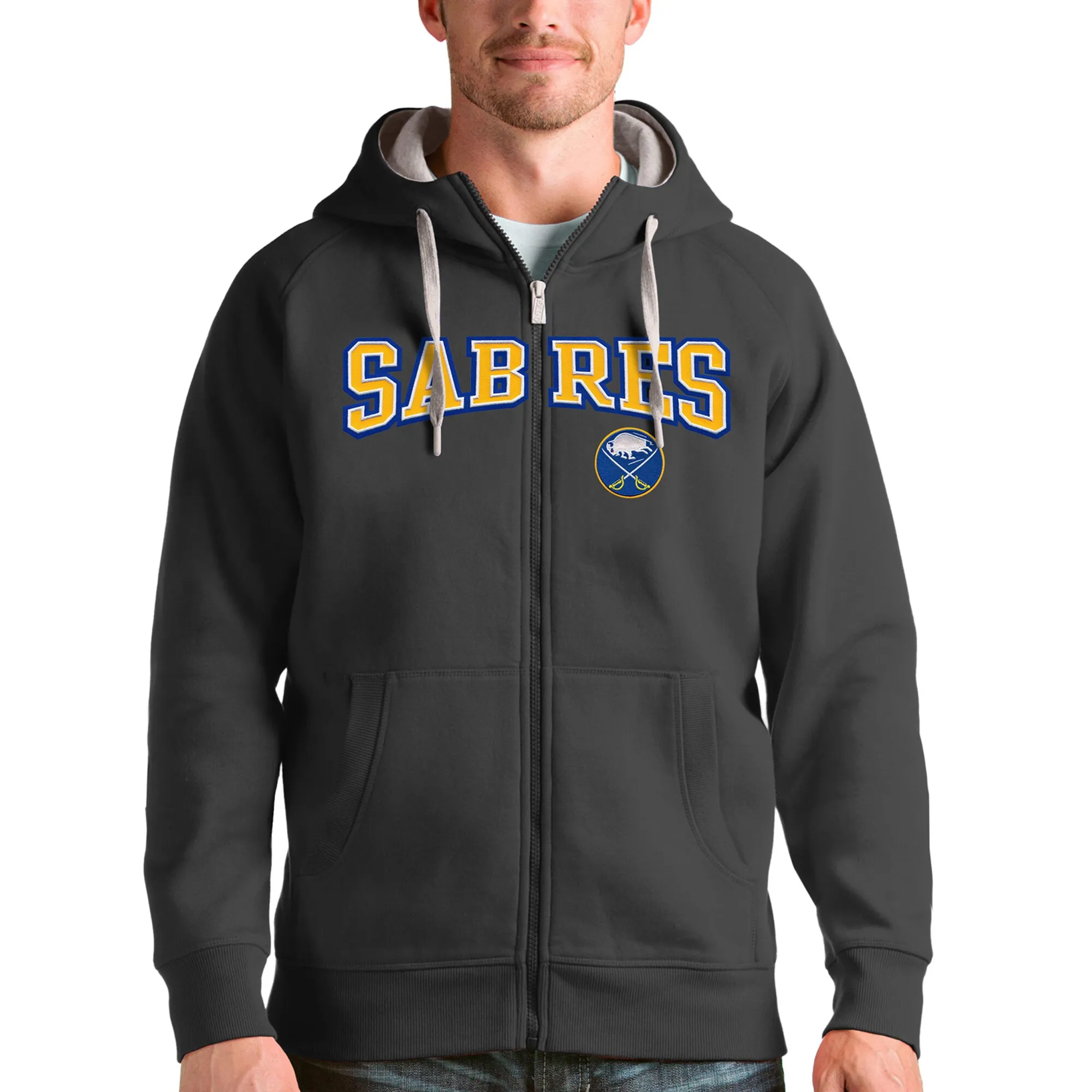 Men's Buffalo Sabres Antigua Charcoal Wordmark Victory Full-Zip Hoodie