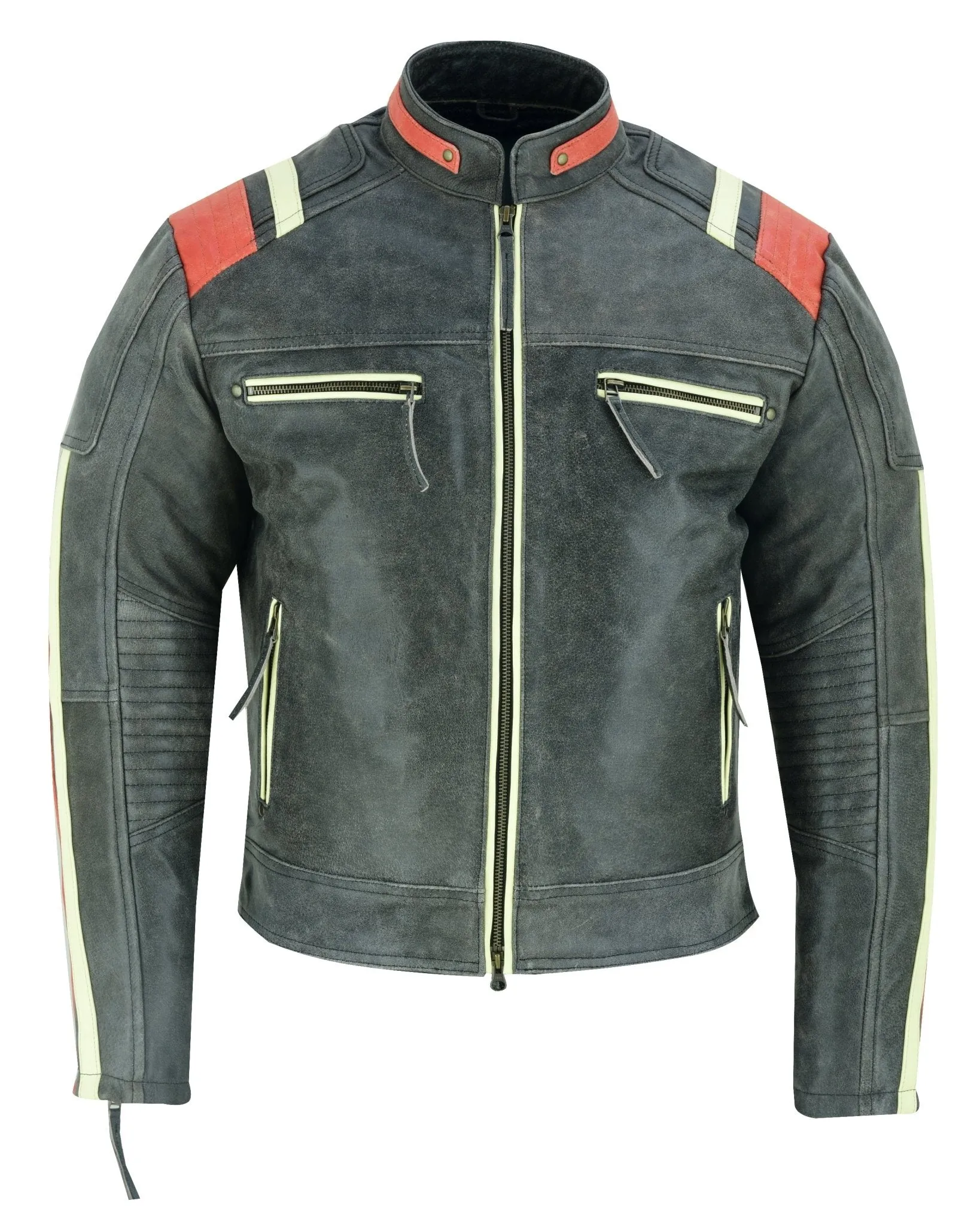 Men’s Distressed Orange Striped Motorcycle Cowhide Leather Jacket