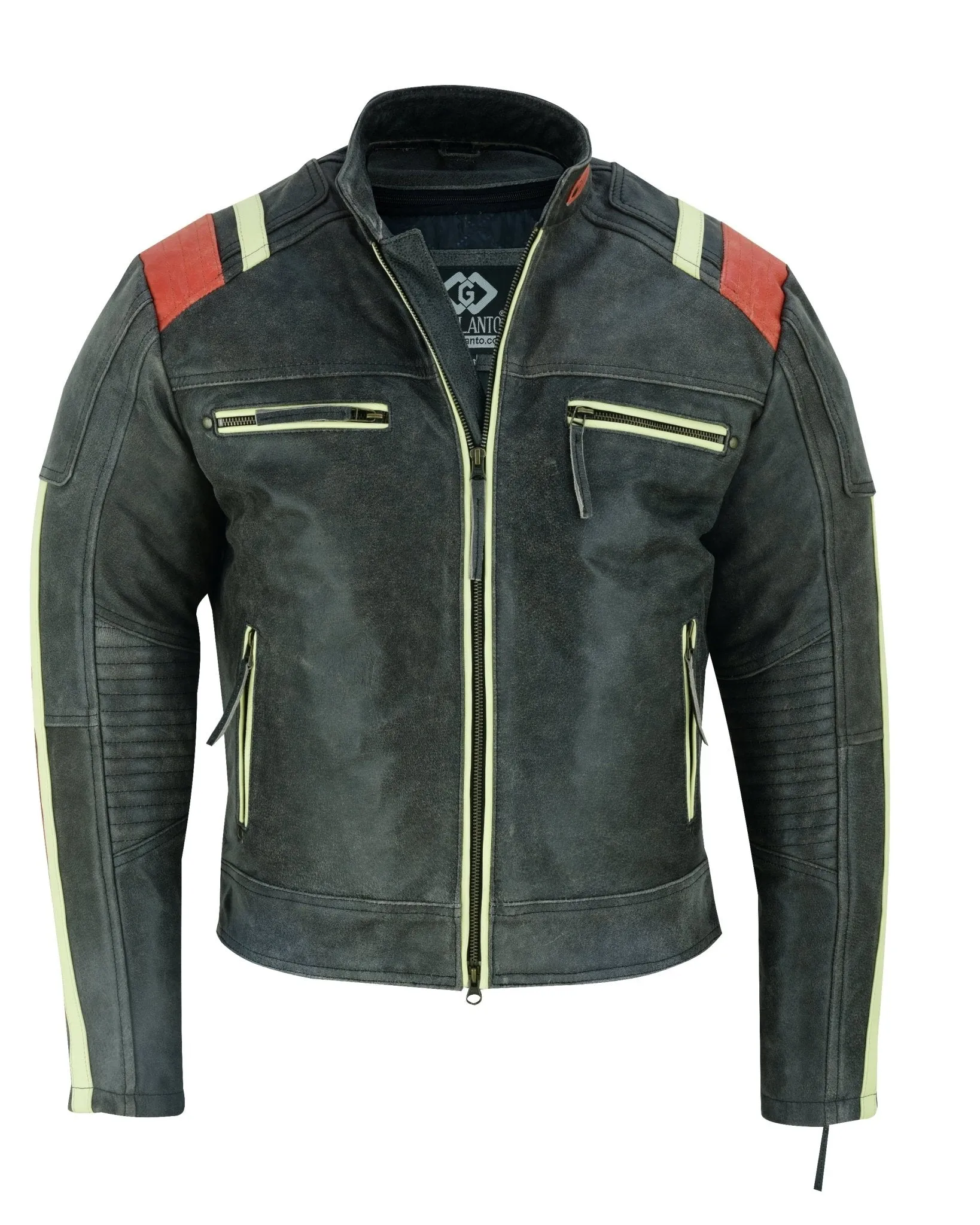 Men’s Distressed Orange Striped Motorcycle Cowhide Leather Jacket