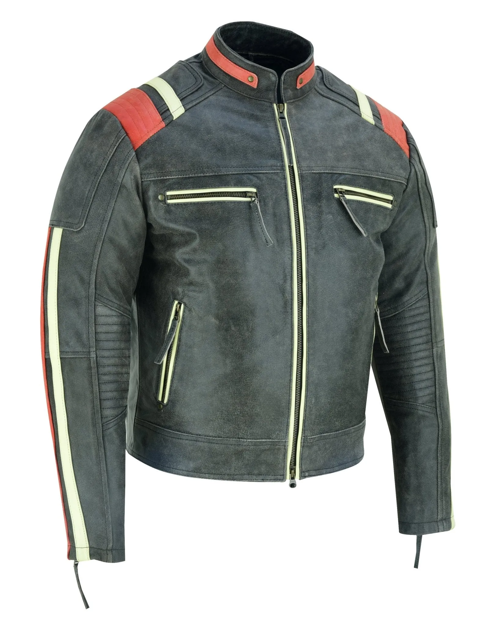 Men’s Distressed Orange Striped Motorcycle Cowhide Leather Jacket