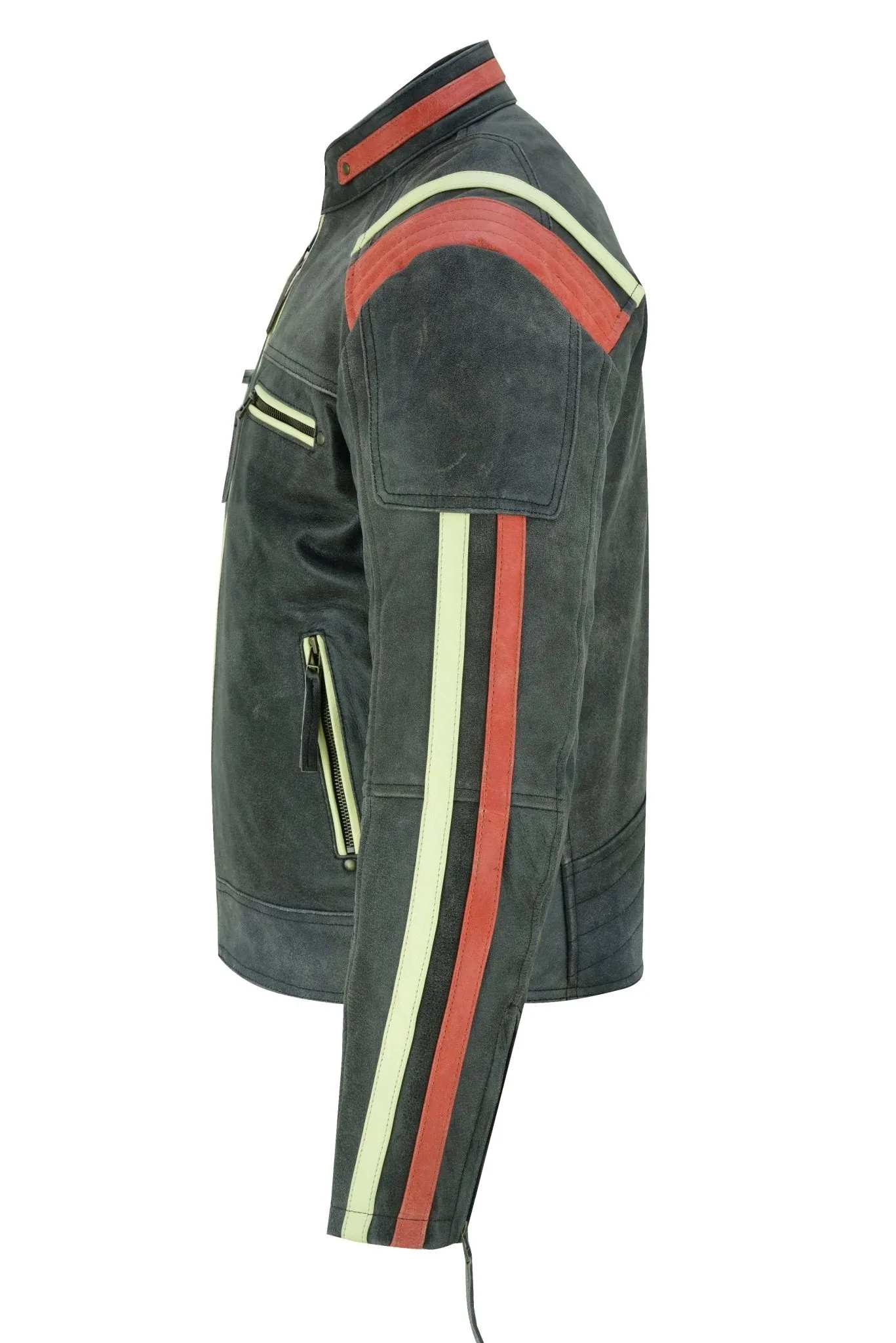 Men’s Distressed Orange Striped Motorcycle Cowhide Leather Jacket