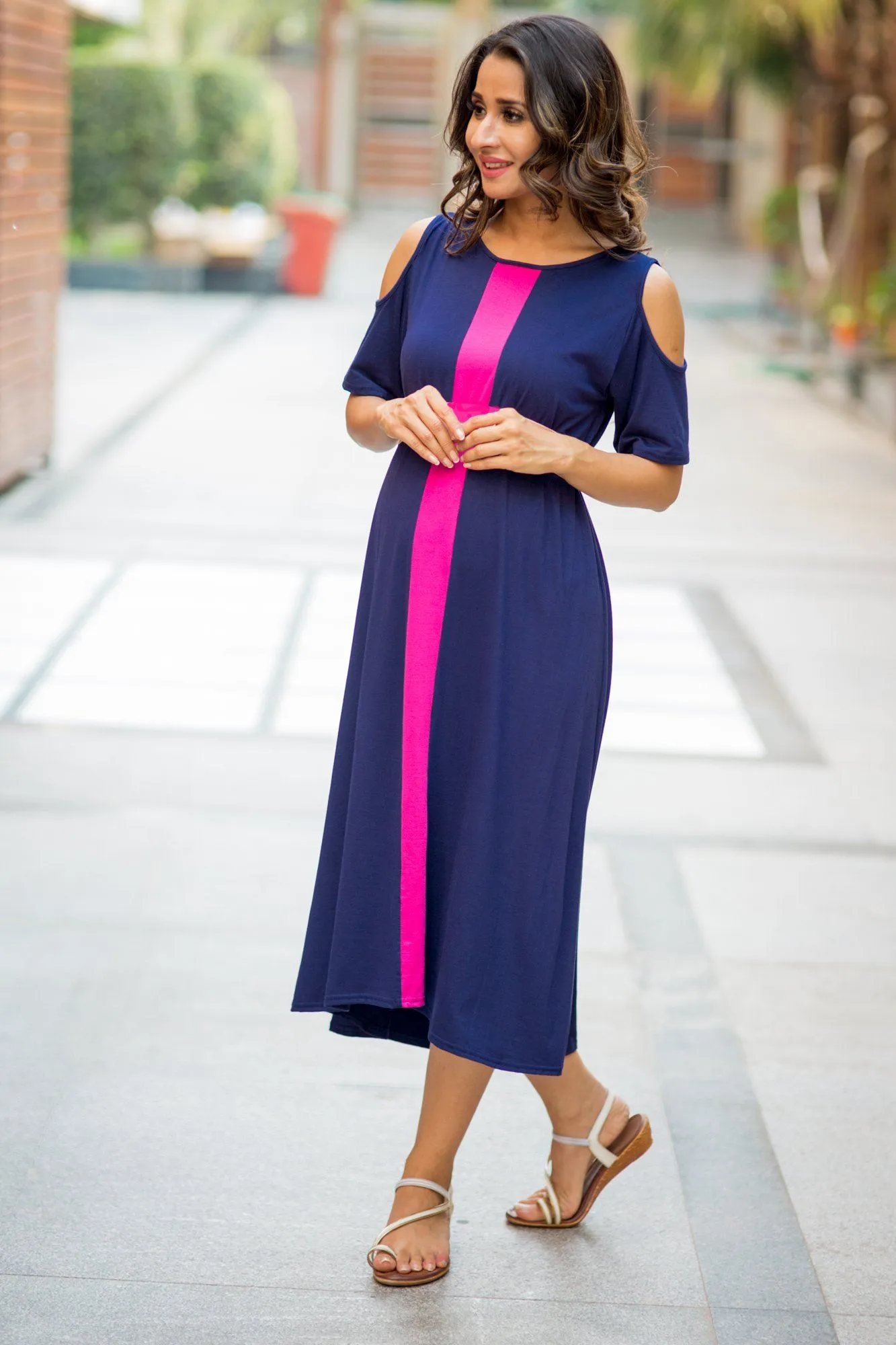 Midnight Blue Cold Shoulder Stretchable Maternity Dress