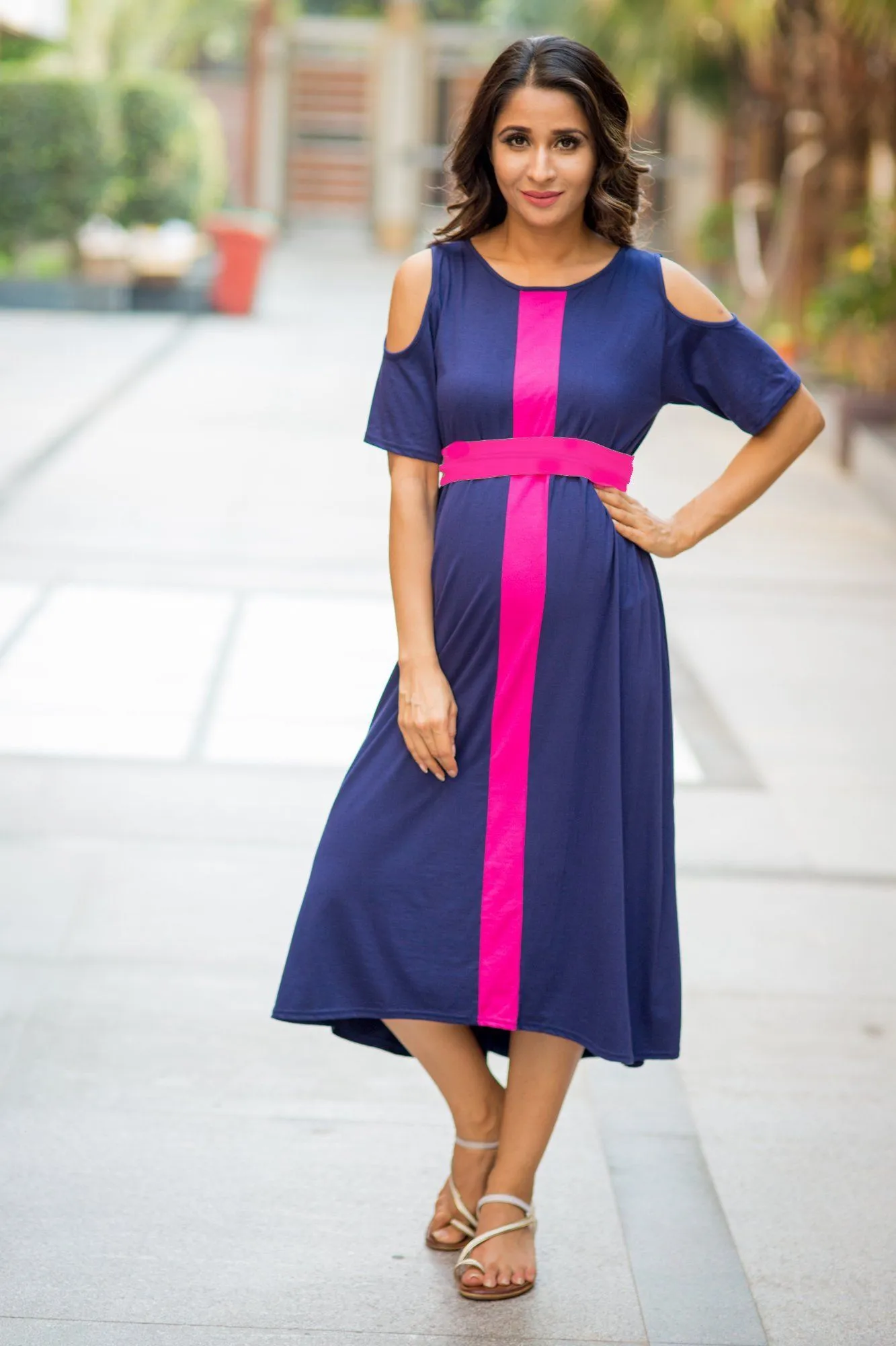 Midnight Blue Cold Shoulder Stretchable Maternity Dress