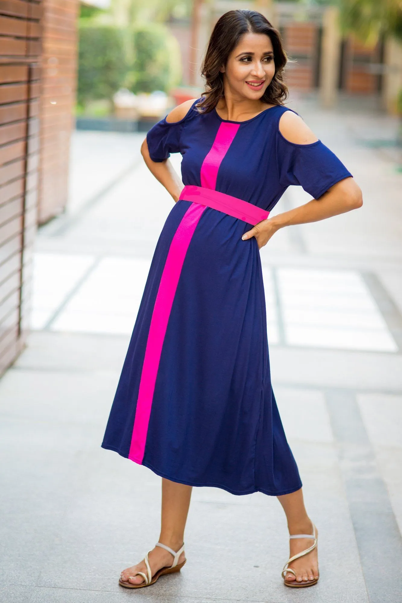 Midnight Blue Cold Shoulder Stretchable Maternity Dress