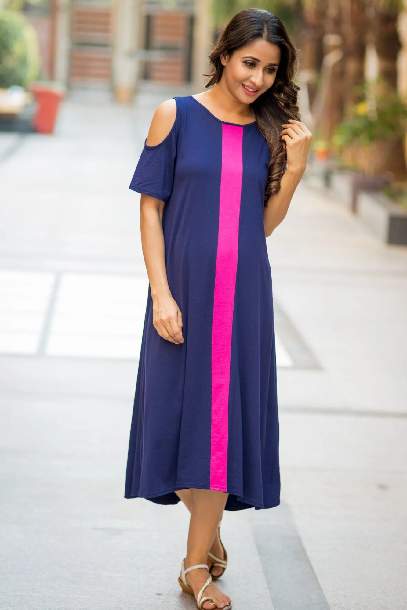 Midnight Blue Cold Shoulder Stretchable Maternity Dress