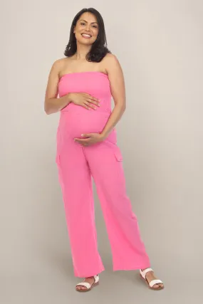 Off The Shoulder Pink Maternity Jumpsuit