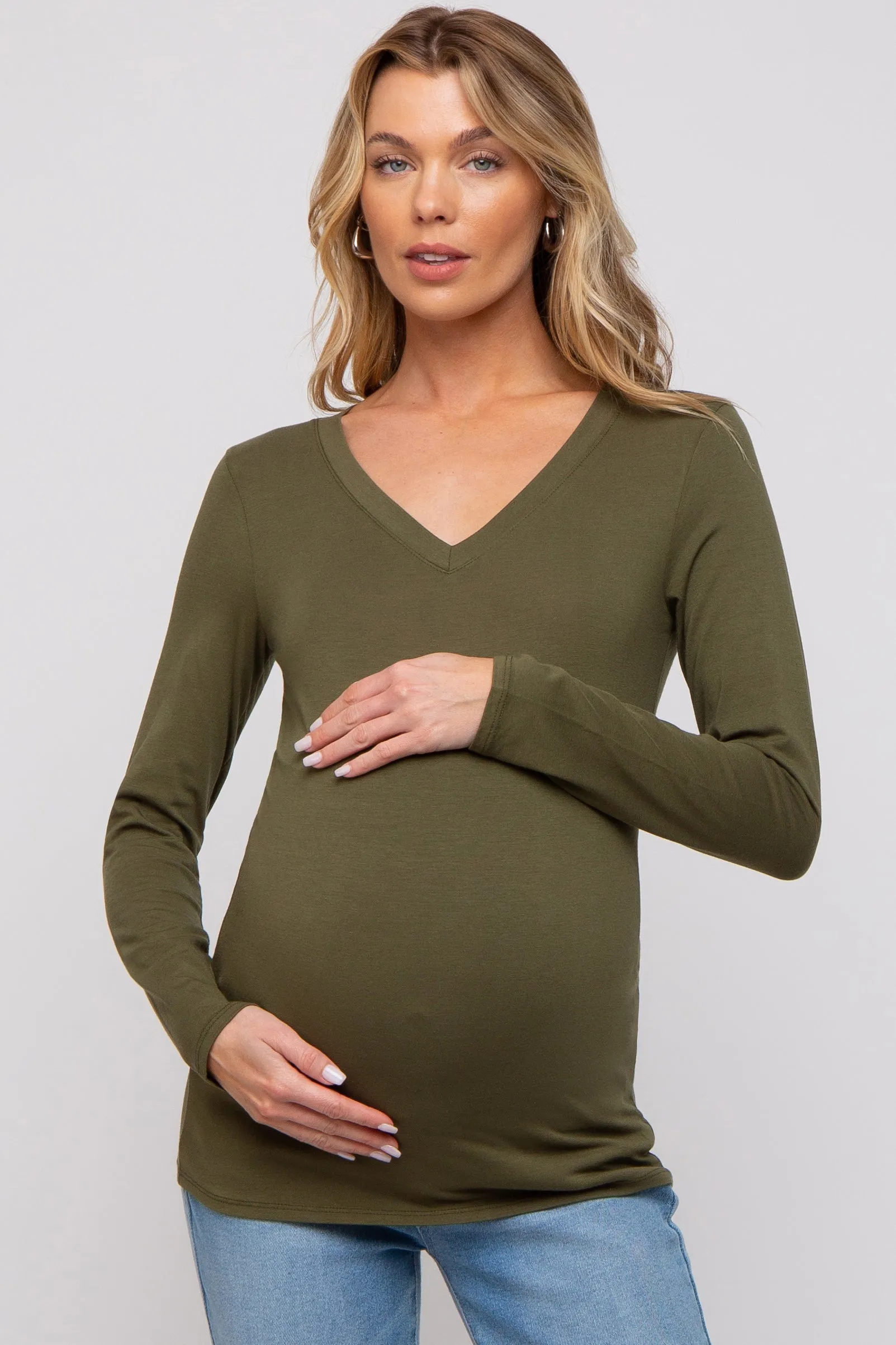 Olive Fitted Long Sleeve Maternity Top