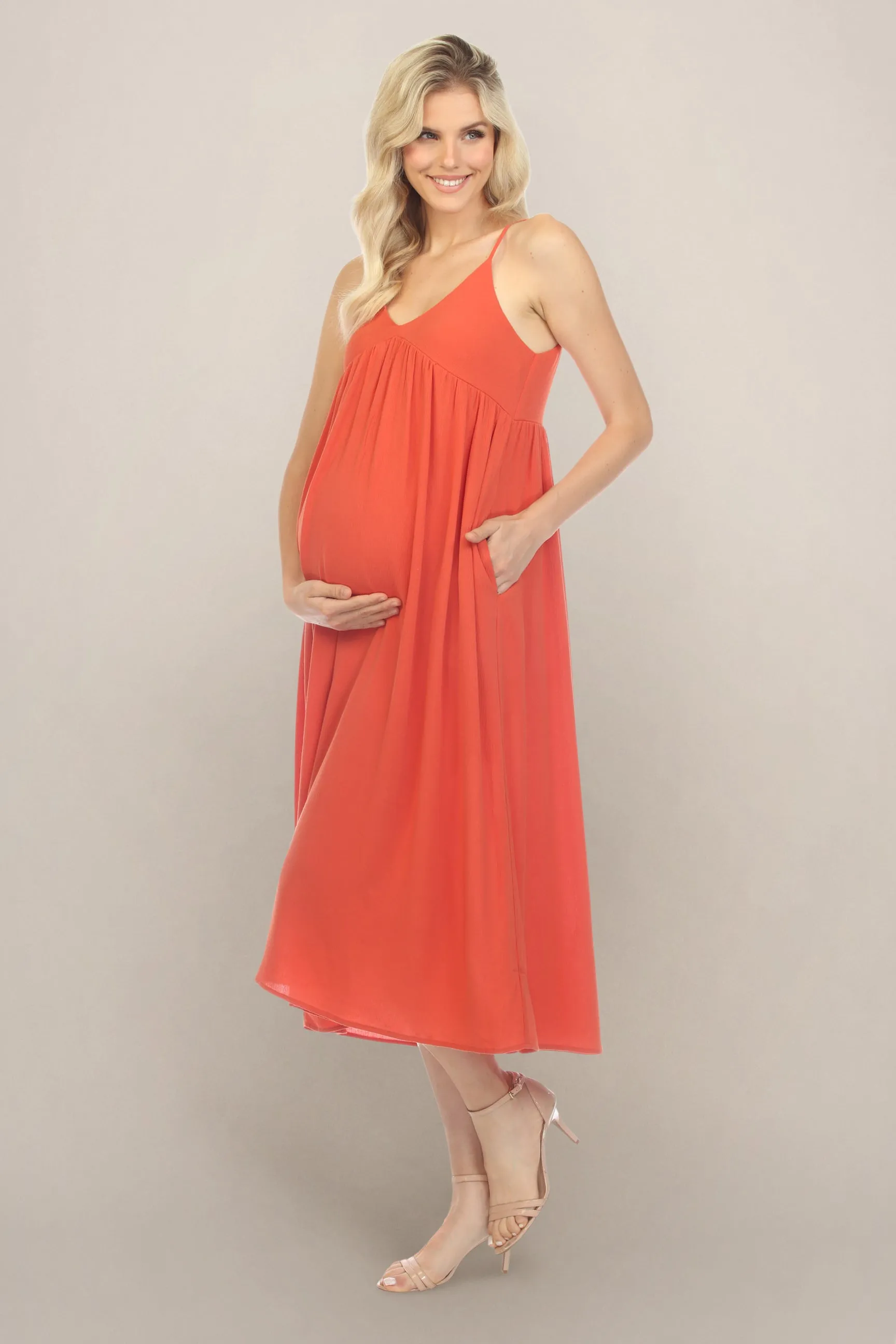 Orange Empire Waist Midi Maternity Dress