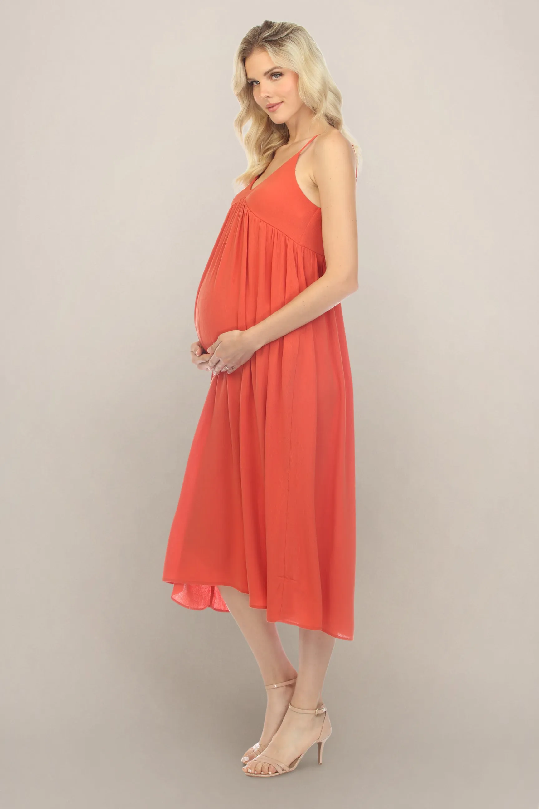 Orange Empire Waist Midi Maternity Dress