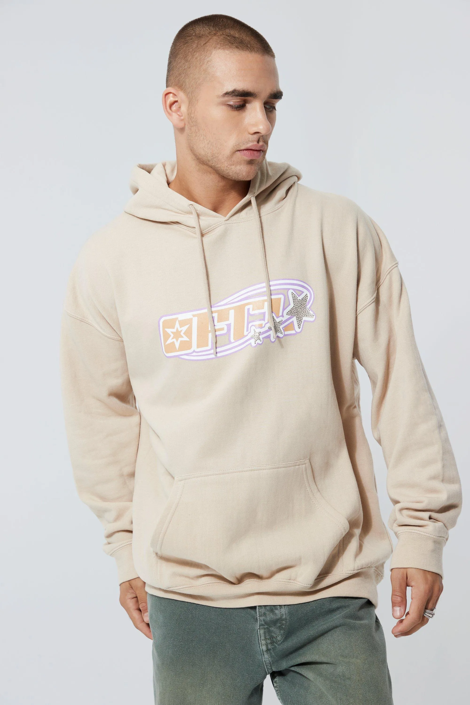 Oversized Rhinestone Ofcl Star Print Hoodie | boohooMAN UK