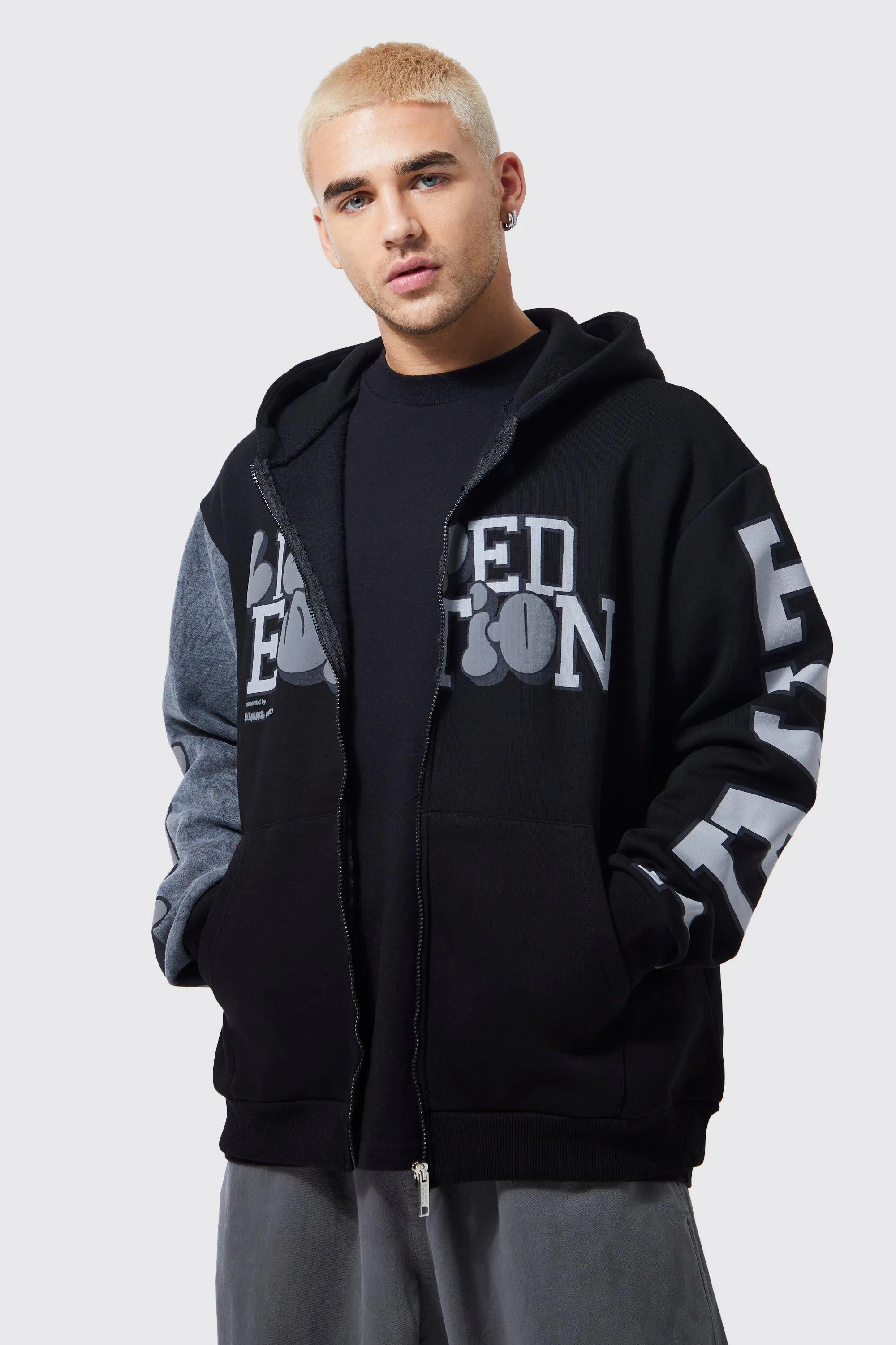 Oversized Spliced Zip Through Limited Hoodie | boohooMAN UK