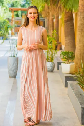 Peach White Striped Maternity & Nursing Dress