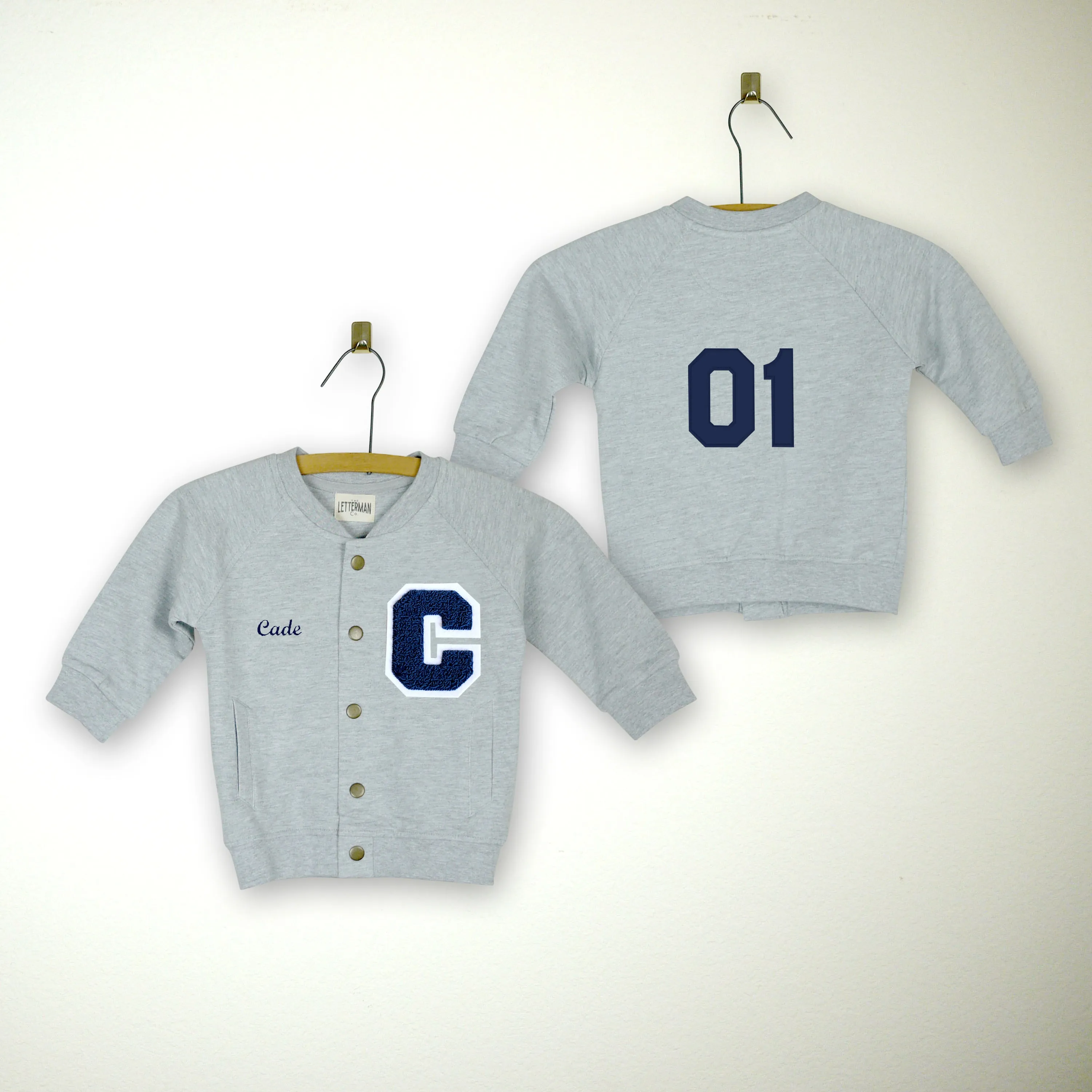 Personalized Sweatshirt Baby Varsity Jacket GREY + NAVY Letter