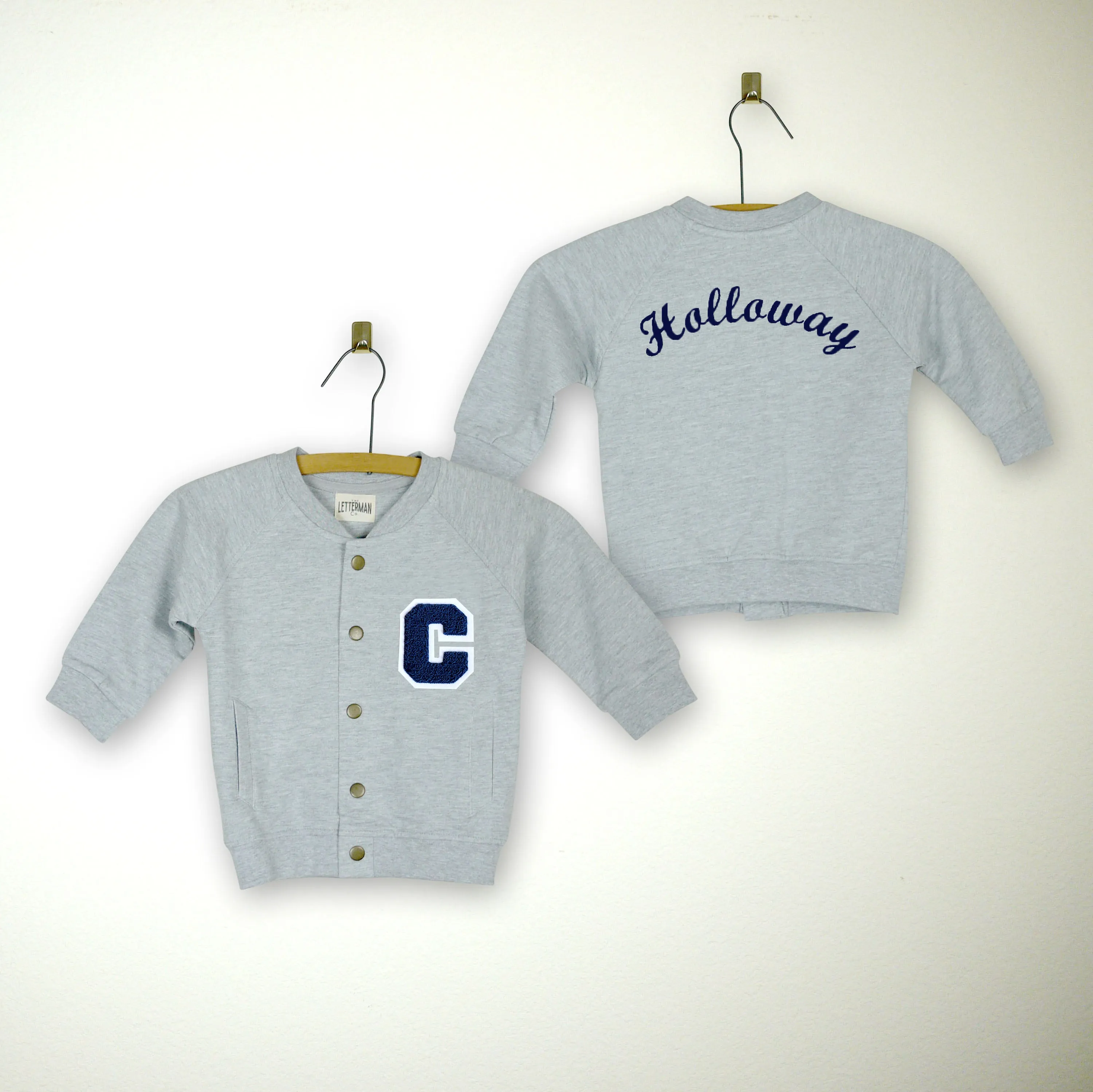 Personalized Sweatshirt Baby Varsity Jacket GREY + NAVY Letter