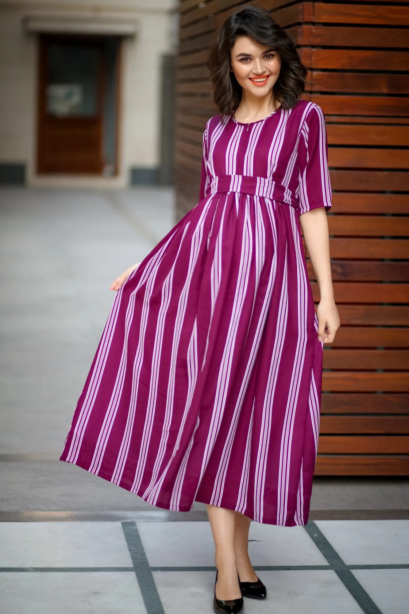 Plush Violet Striped Maternity & Nursing Dress