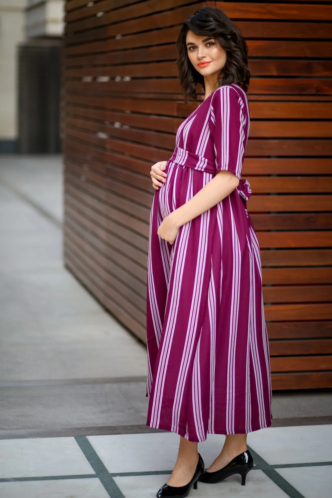 Plush Violet Striped Maternity & Nursing Dress