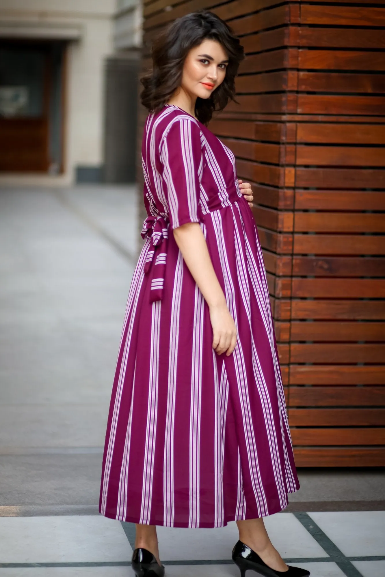 Plush Violet Striped Maternity & Nursing Dress