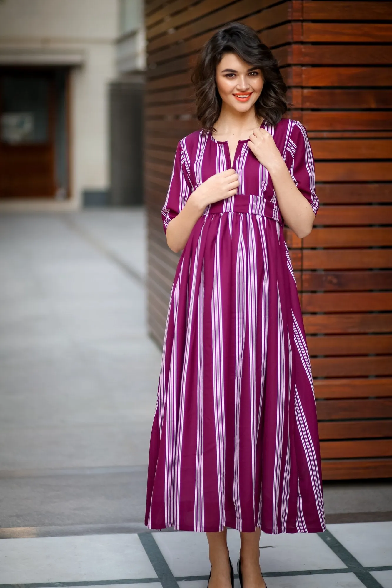 Plush Violet Striped Maternity & Nursing Dress