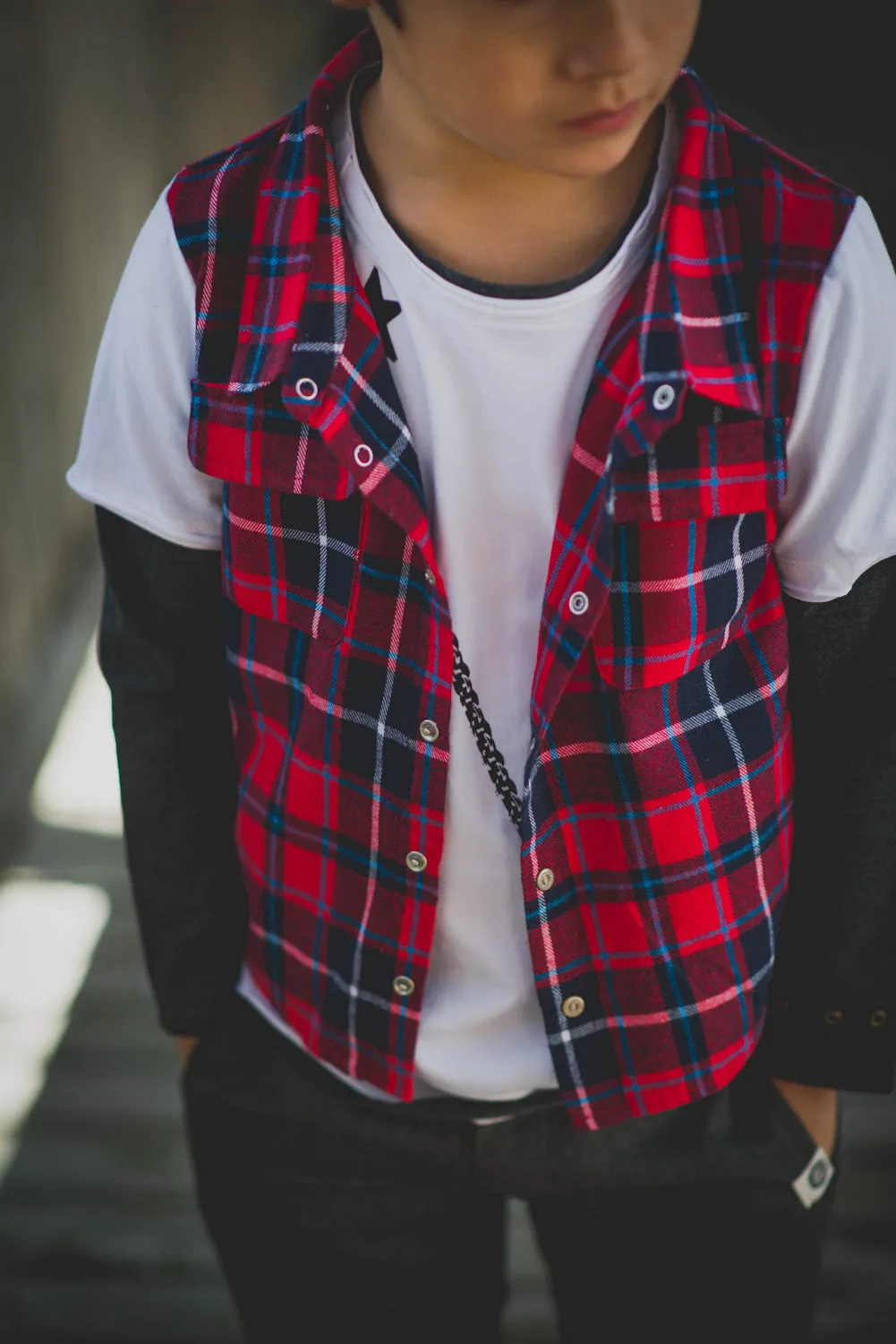 Red Plaid Vest Twofer Shirt by: Mini Shatsu