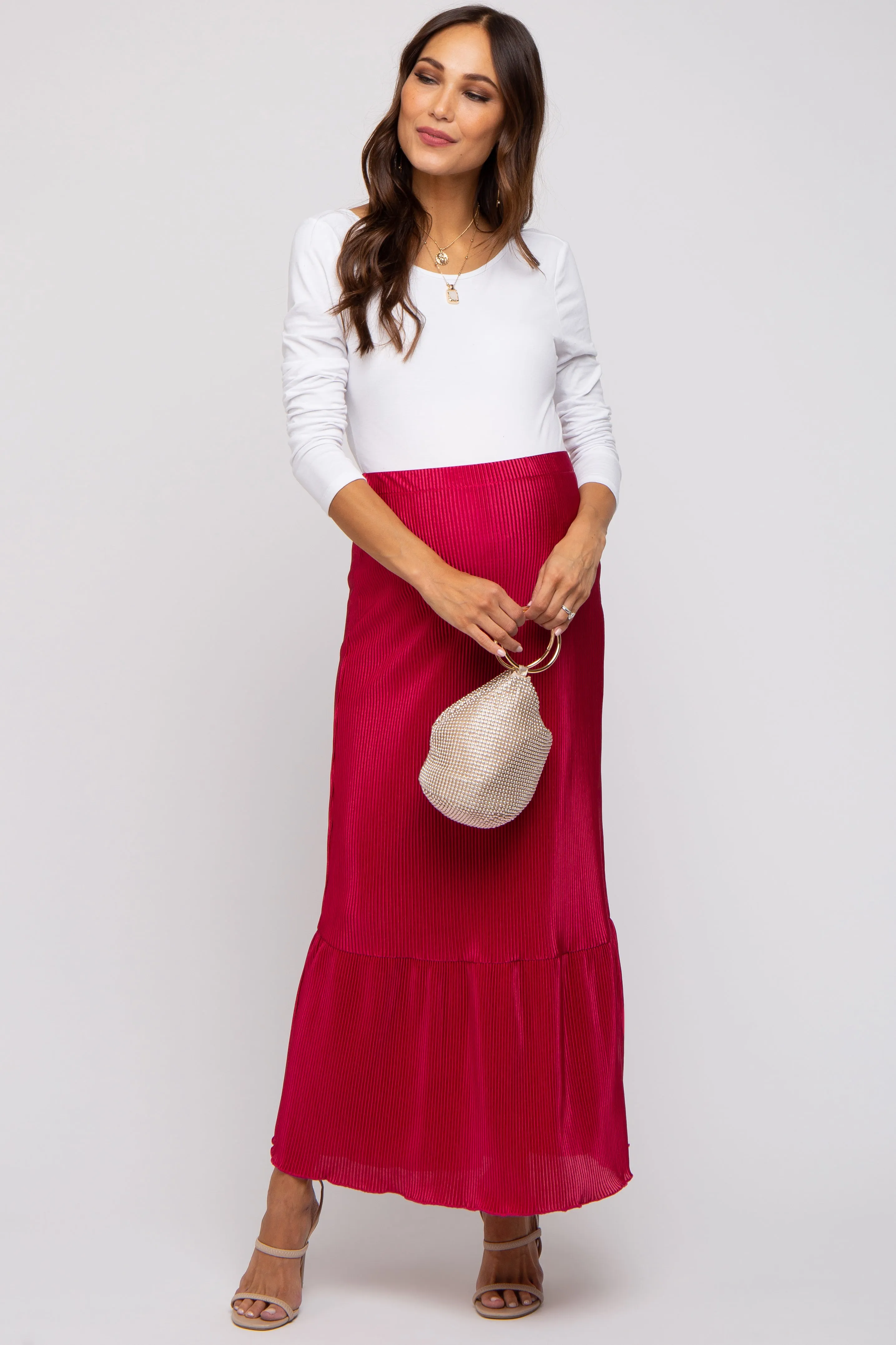 Red Plisse Maternity Maxi Skirt